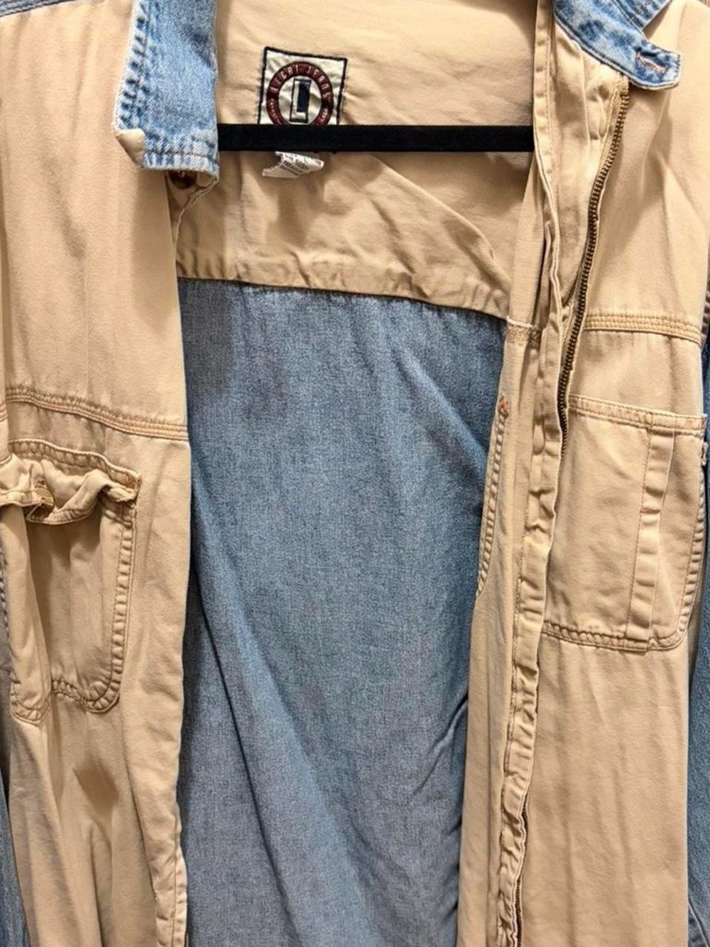 90s Old College Inn denim and tan patchwork colorblock button-down shirt.